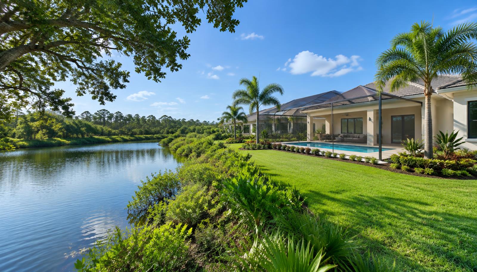 Contemporary Estero home beside a lake and protected green landscape