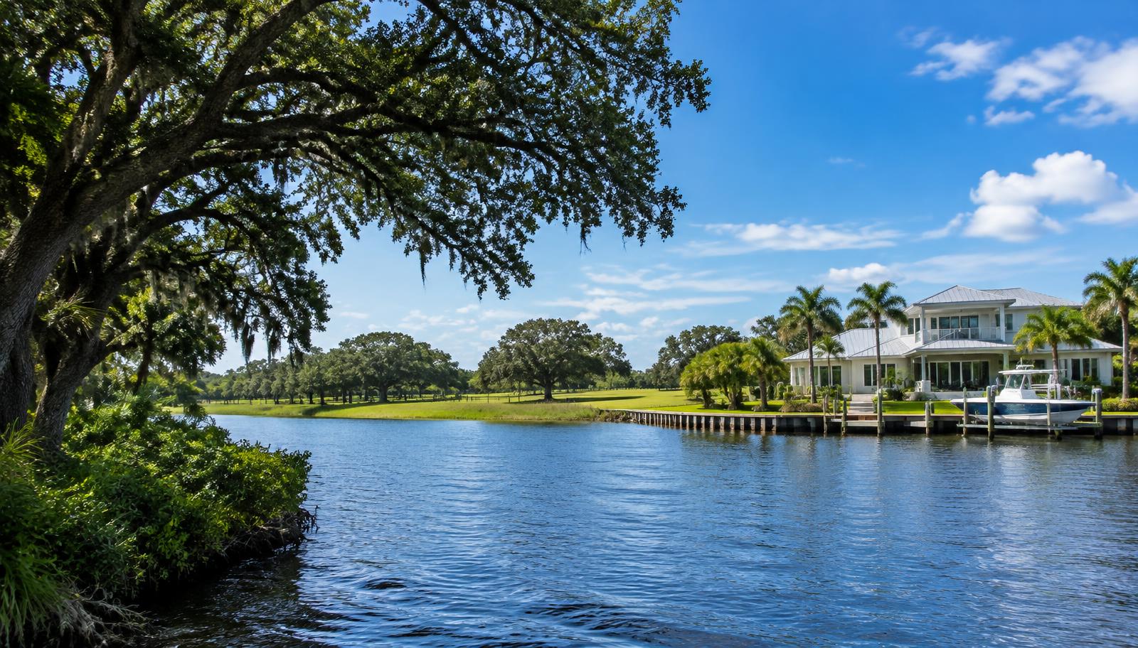 Southwest Florida riverfront home, open land and mature live oaks