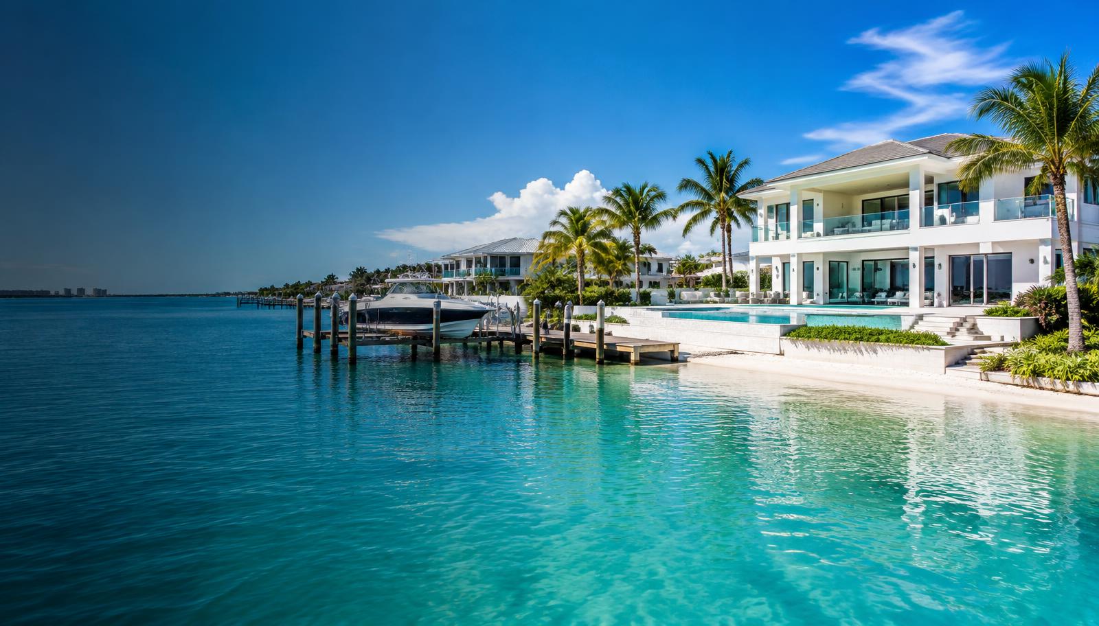 Modern Southwest Florida waterfront homes beside clear aqua Gulf water